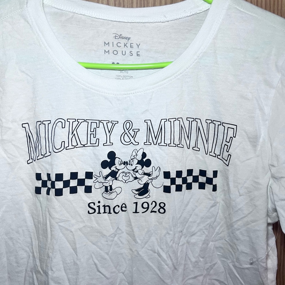 Disney White Mickey & Minnie Graphic Tee with Checker Detail - Picture 2 of 4